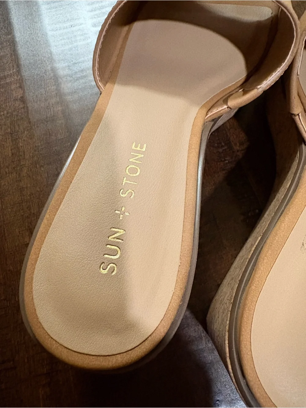 Sun + Stone Tan Slide Cork Wedge Sandals